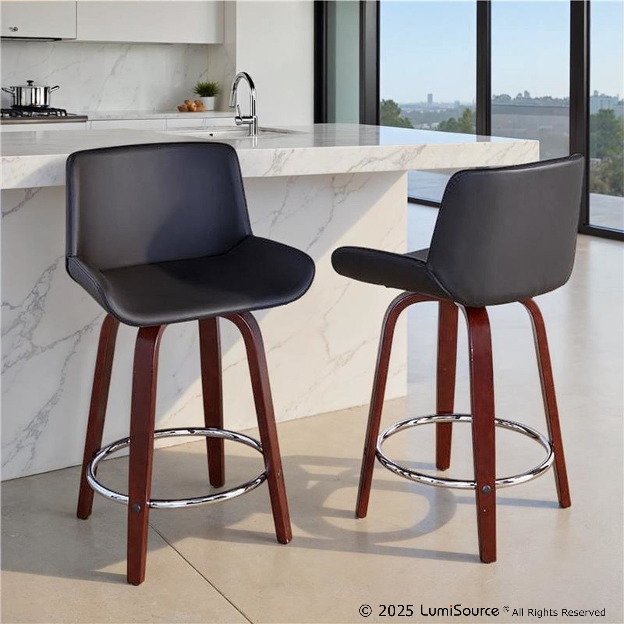 Santi Upholstered 24" Fixed-Height Counter Stool - Set of 2 - Mahogany Wood, Black PU, Chrome Metal