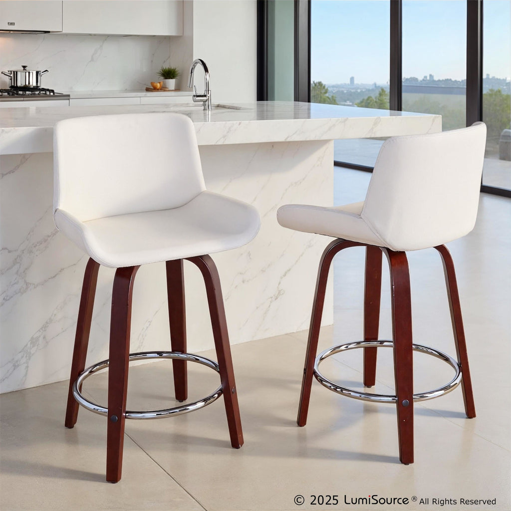 Santi Upholstered 24" Fixed-Height Counter Stool - Set of 2 - Mahogany Wood, White PU, Chrome Metal