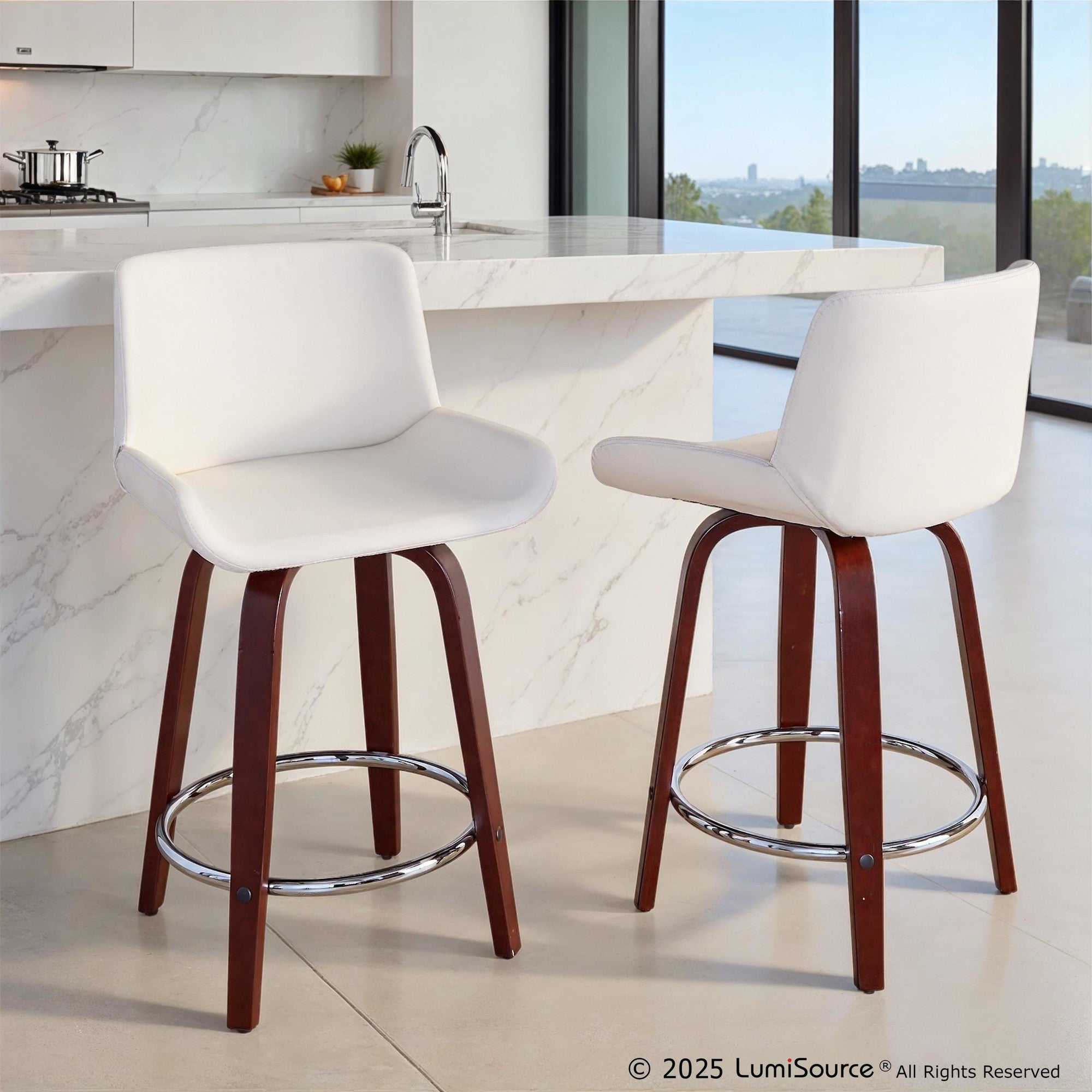 Santi Upholstered 24" Fixed-Height Counter Stool - Set of 2 - Mahogany Wood, White PU, Chrome Metal
