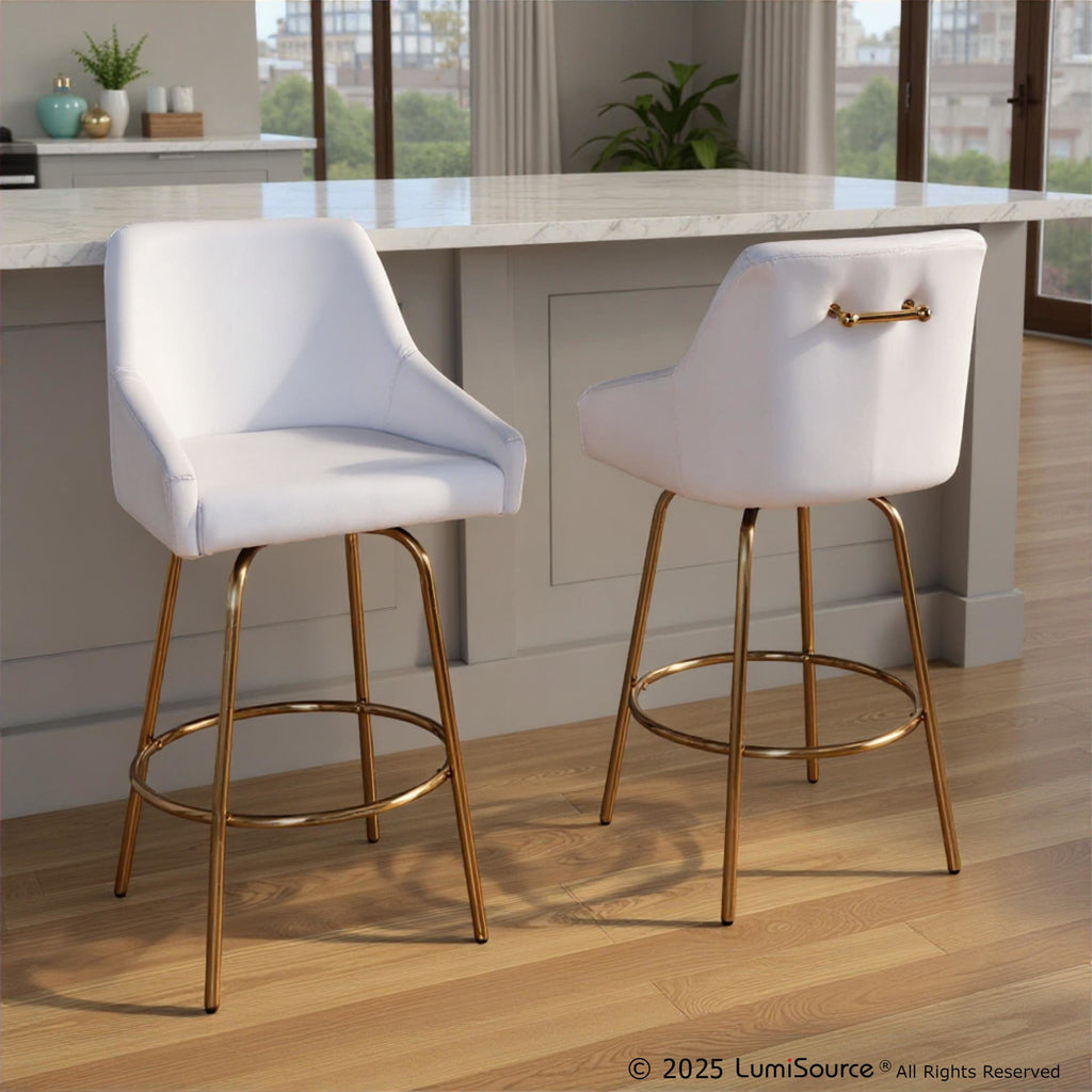 Hannah 26" Fixed-Height Counter Stool - Set of 2 - Gold Metal, White PU