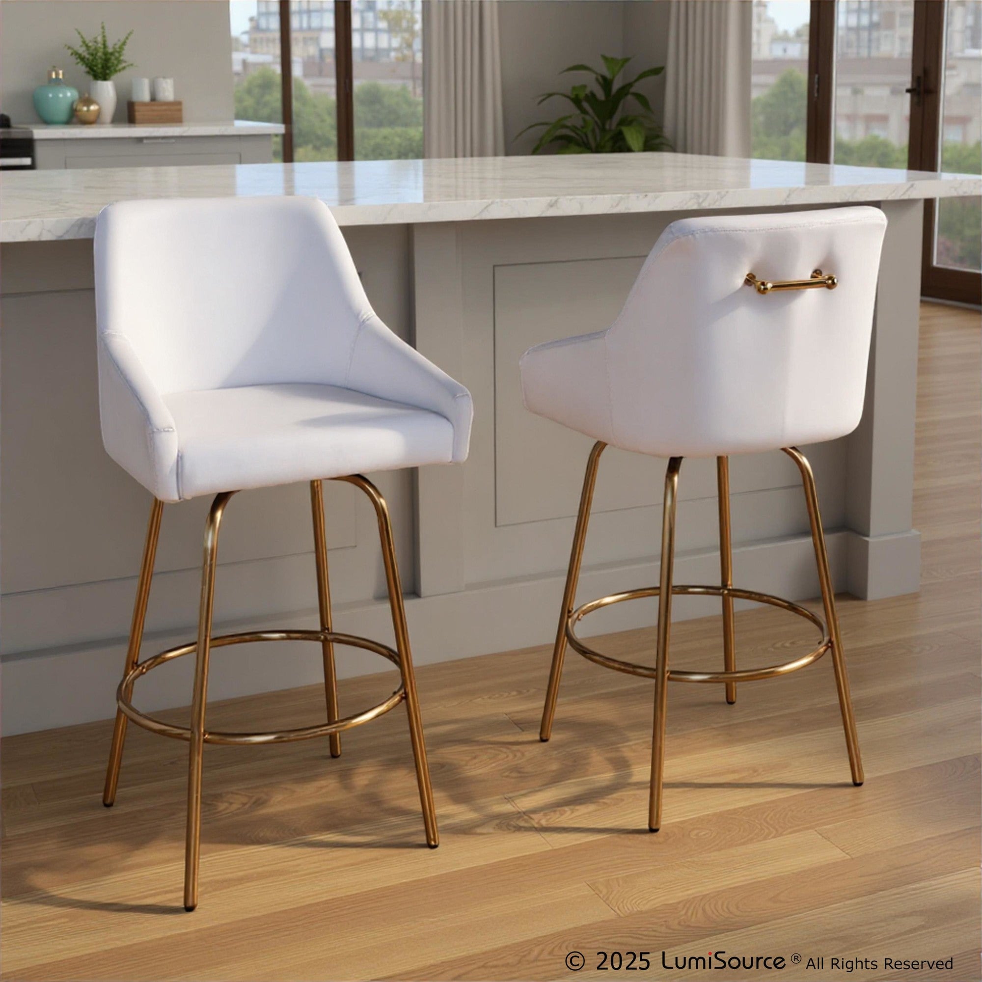 Hannah 26" Fixed-Height Counter Stool - Set of 2 - Gold Metal, White PU