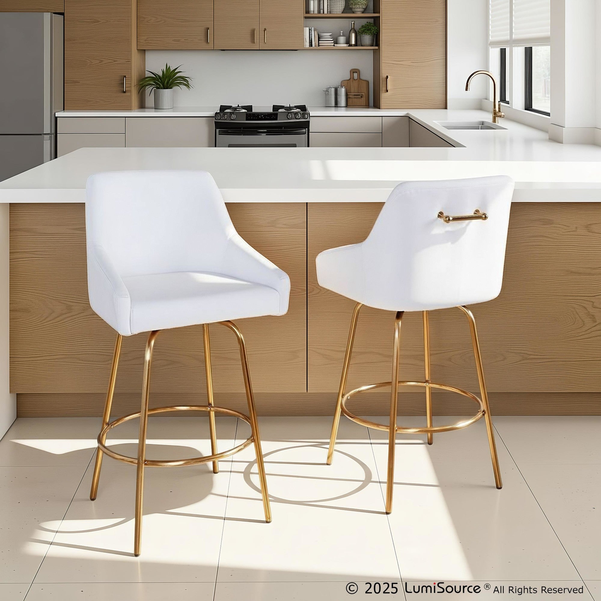Hannah 26" Fixed-Height Counter Stool - Set of 2 - Gold Metal, White PU