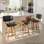 Lombardi 26" Fixed-Height Counter Stool - Set of 2 - Walnut Wood, Black Metal, Black PU