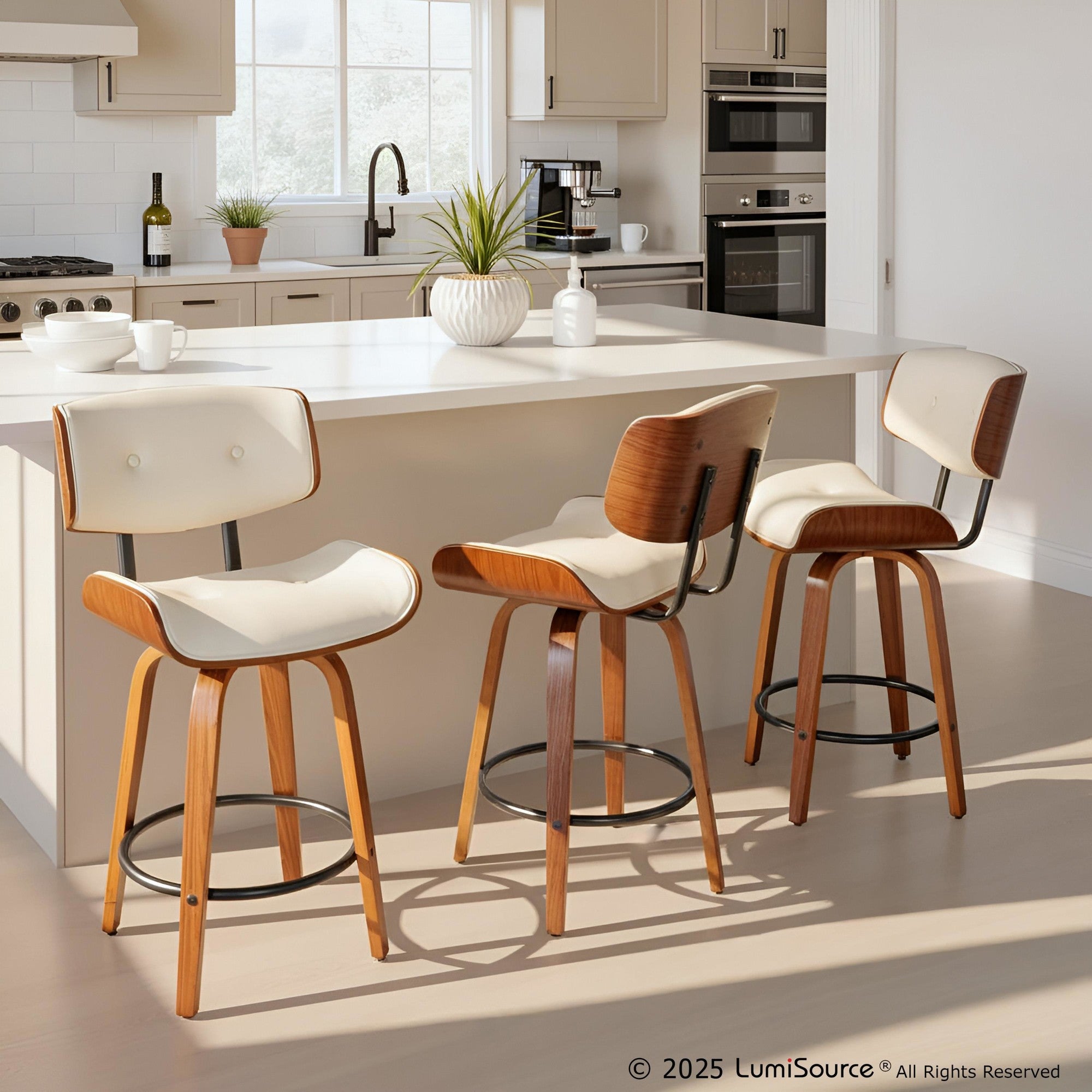 Lombardi 26" Fixed-Height Counter Stool - Set of 2 - Walnut Wood, Black Metal, Cream PU