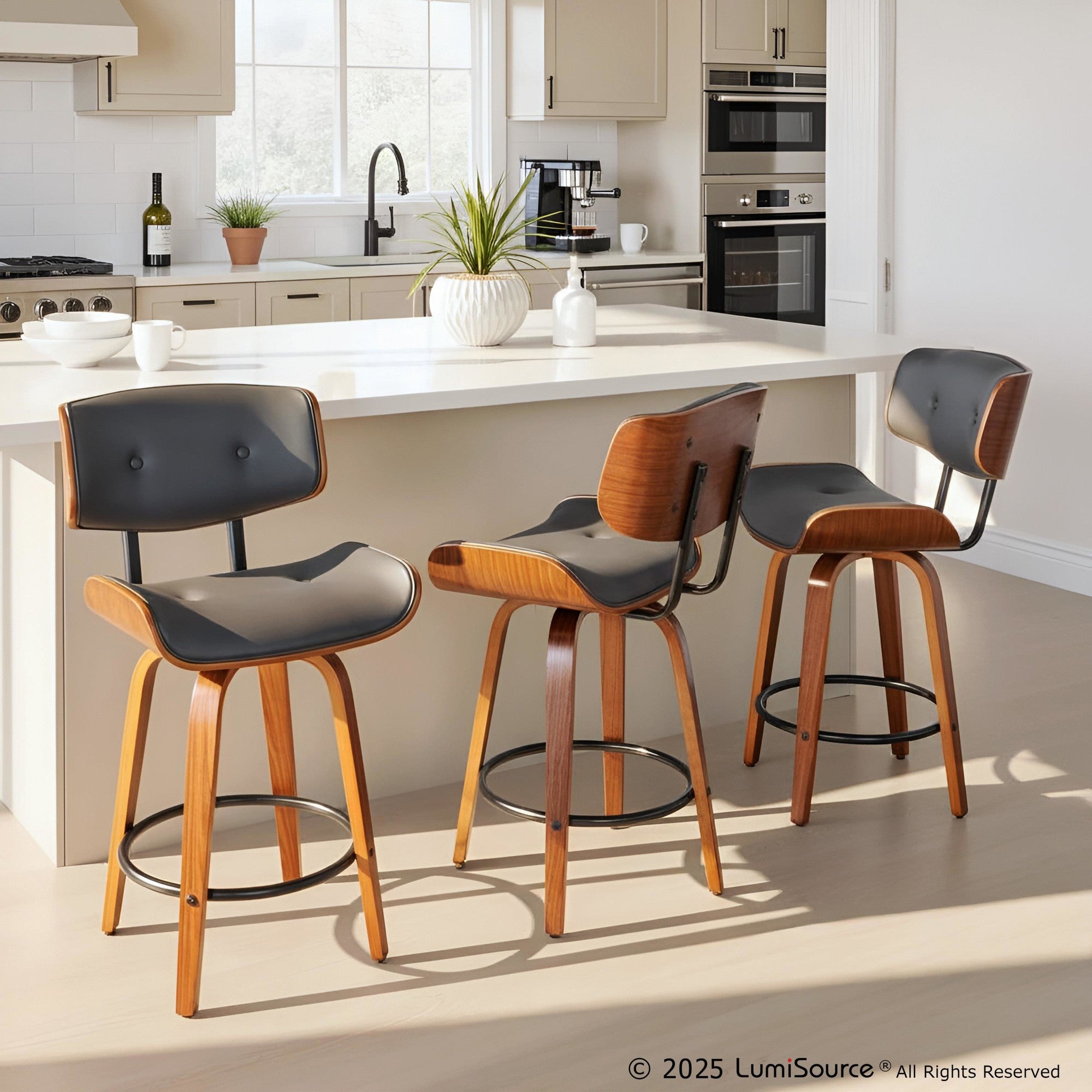 Lombardi 26" Fixed-Height Counter Stool - Set of 2 - Walnut Wood, Black Metal, Grey PU