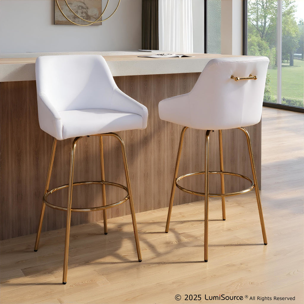 Hannah 30" Fixed-Height Barstool - Set of 2 - Gold Metal, White PU