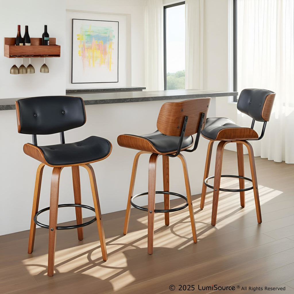 Lombardi 30" Fixed-Height Barstool - Set of 2 - Walnut Wood, Black Metal, Black PU
