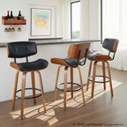 Lombardi 30" Fixed-Height Barstool - Set of 2 - Walnut Wood, Black Metal, Black PU