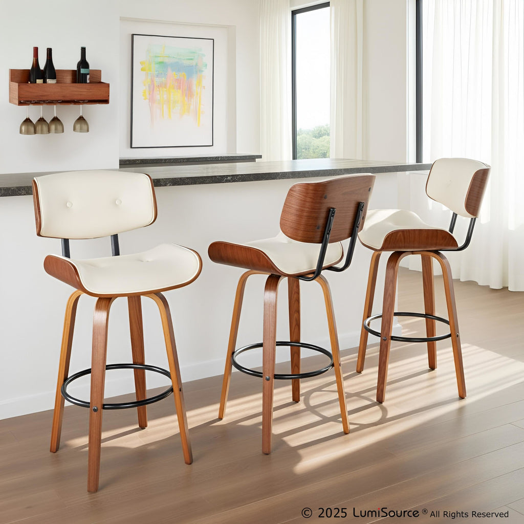 Lombardi 30" Fixed-Height Barstool - Set of 2 - Walnut Wood, Black Metal, Cream PU