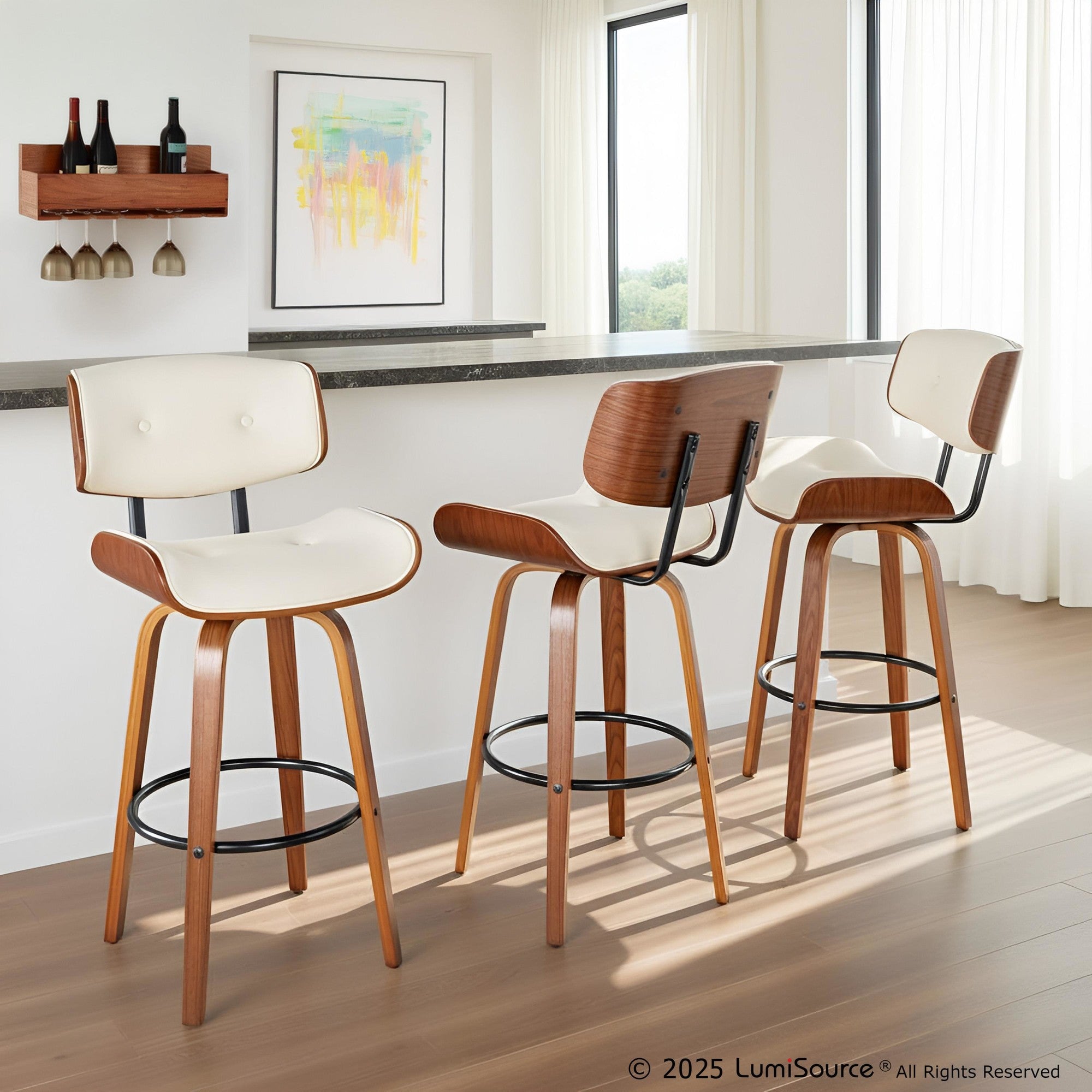 Lombardi 30" Fixed-Height Barstool - Set of 2 - Walnut Wood, Black Metal, Cream PU