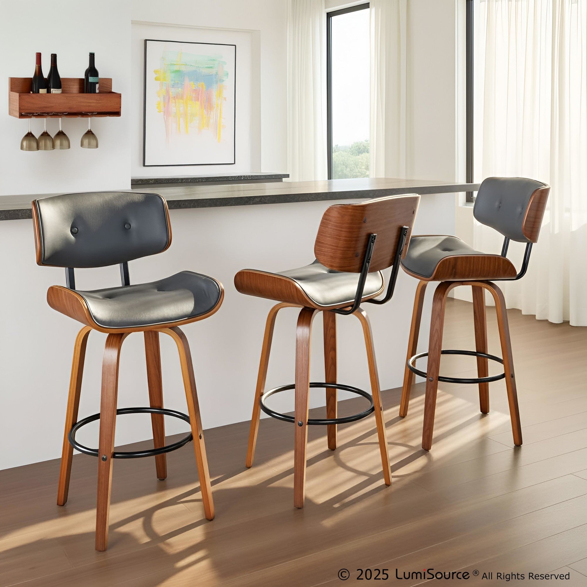 Lombardi 30" Fixed-Height Barstool - Set of 2 - Walnut Wood, Black Metal, Grey PU