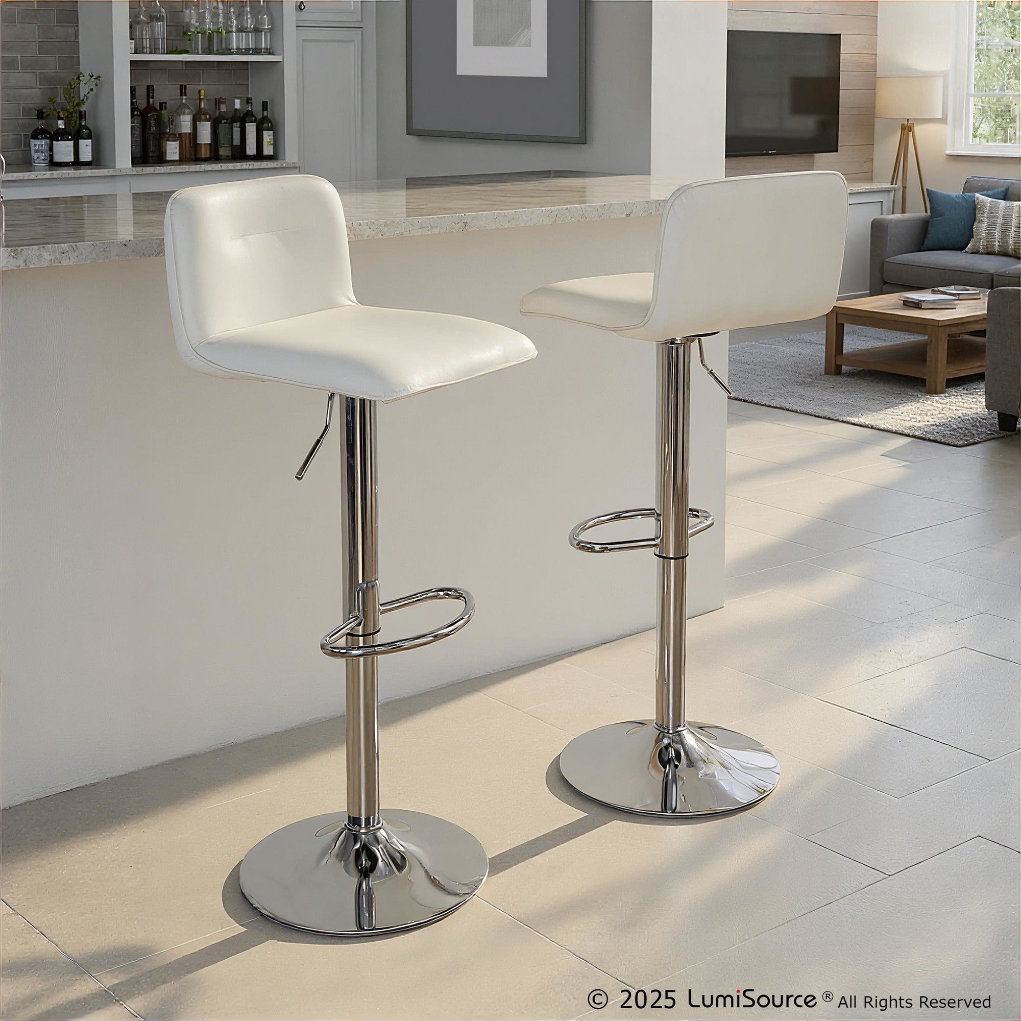 Casper Adjustable Barstool - Set of 2 - Chrome Metal, White PU