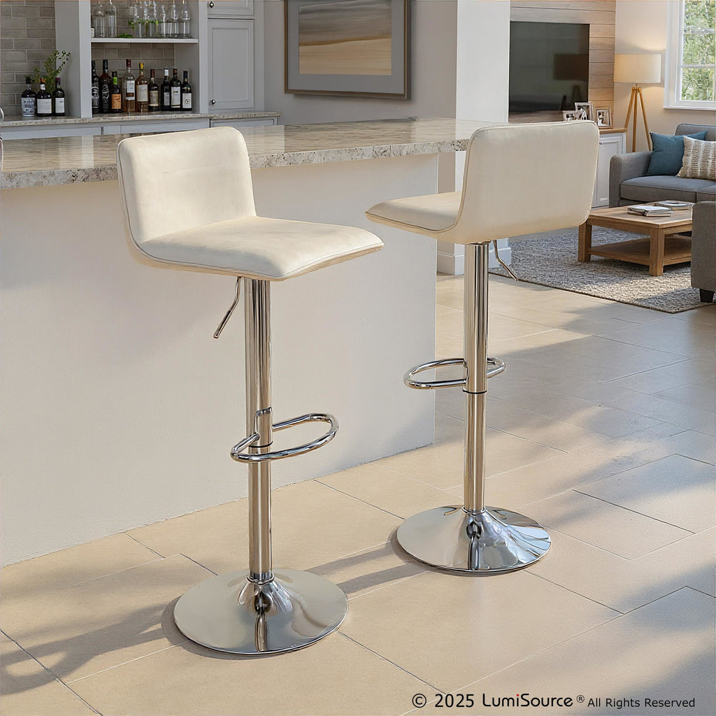 Casper Adjustable Barstool - Set of 2 - Chrome Metal, Cream Velvet