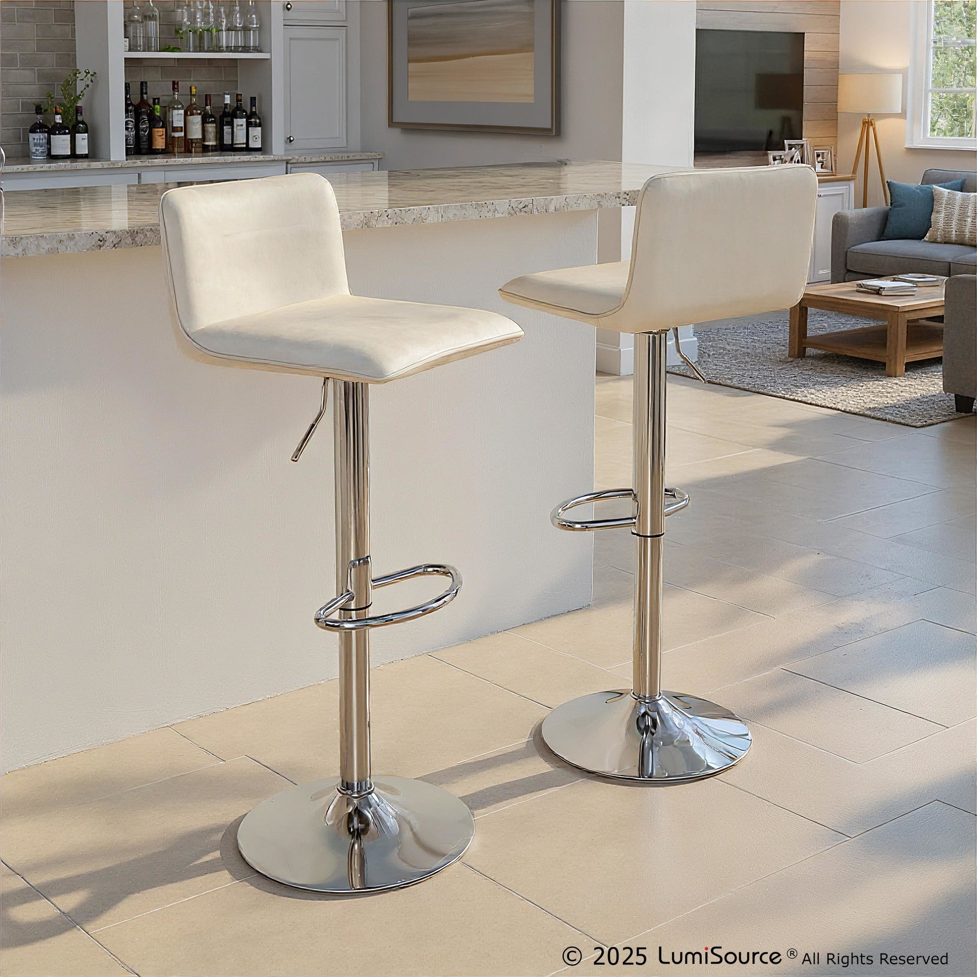Casper Adjustable Barstool - Set of 2 - Chrome Metal, Cream Velvet