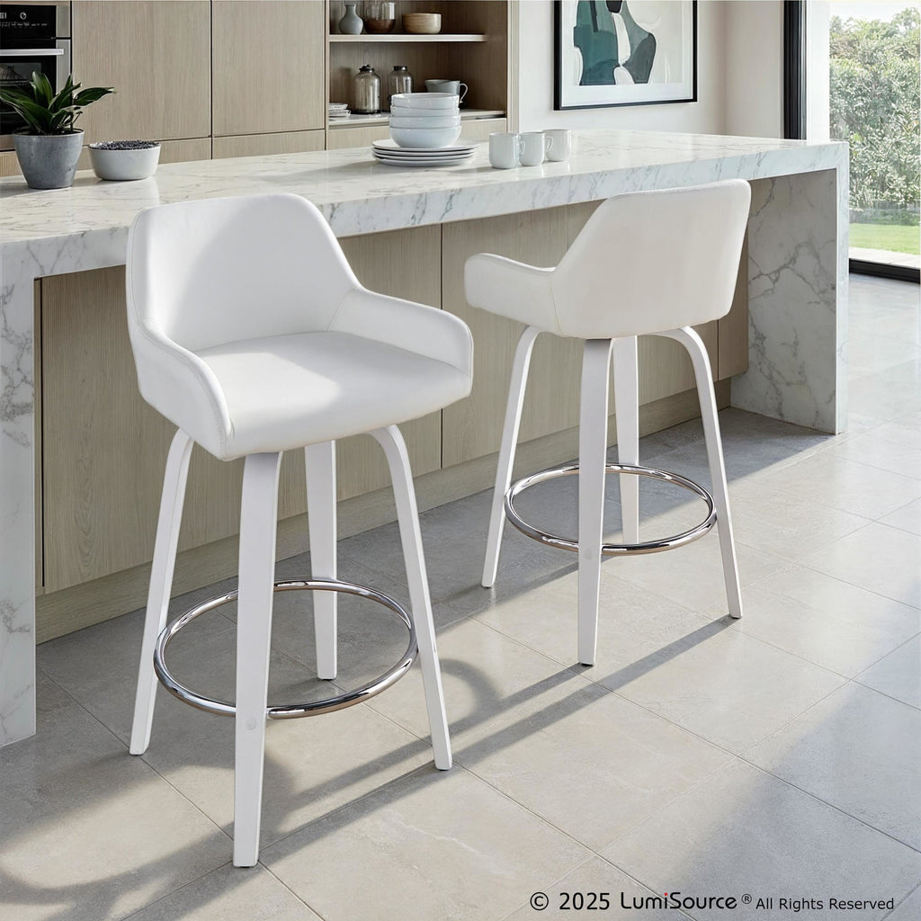 Daniella 26" Fixed-Height Counter Stool - Set of 2 - White Wood, White PU, Chrome Metal