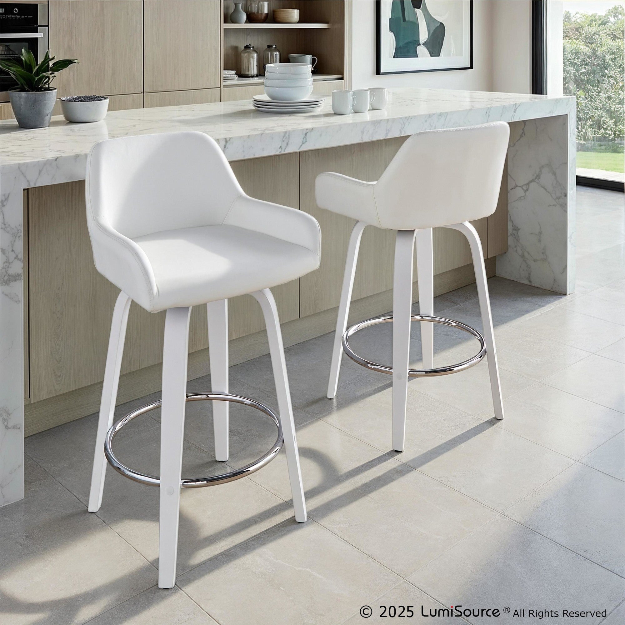 Daniella 26" Fixed-Height Counter Stool - Set of 2 - White Wood, White PU, Chrome Metal