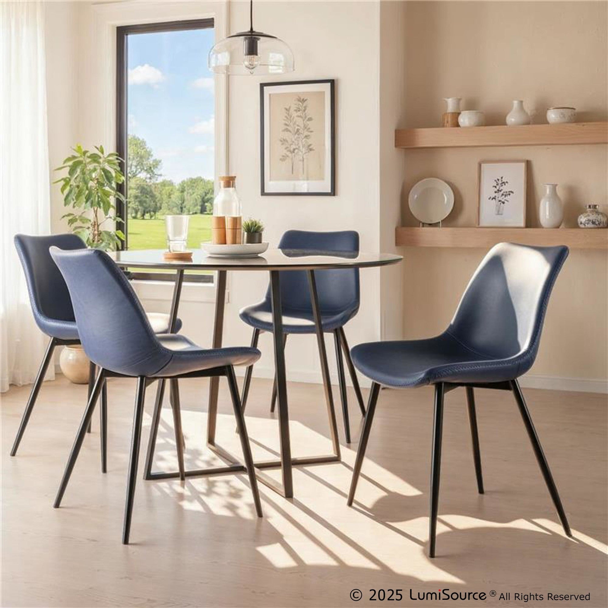 Durango Dining Chair - Set of 2 - Black Metal, Blue PU, Grey Zig Zag Stitching
