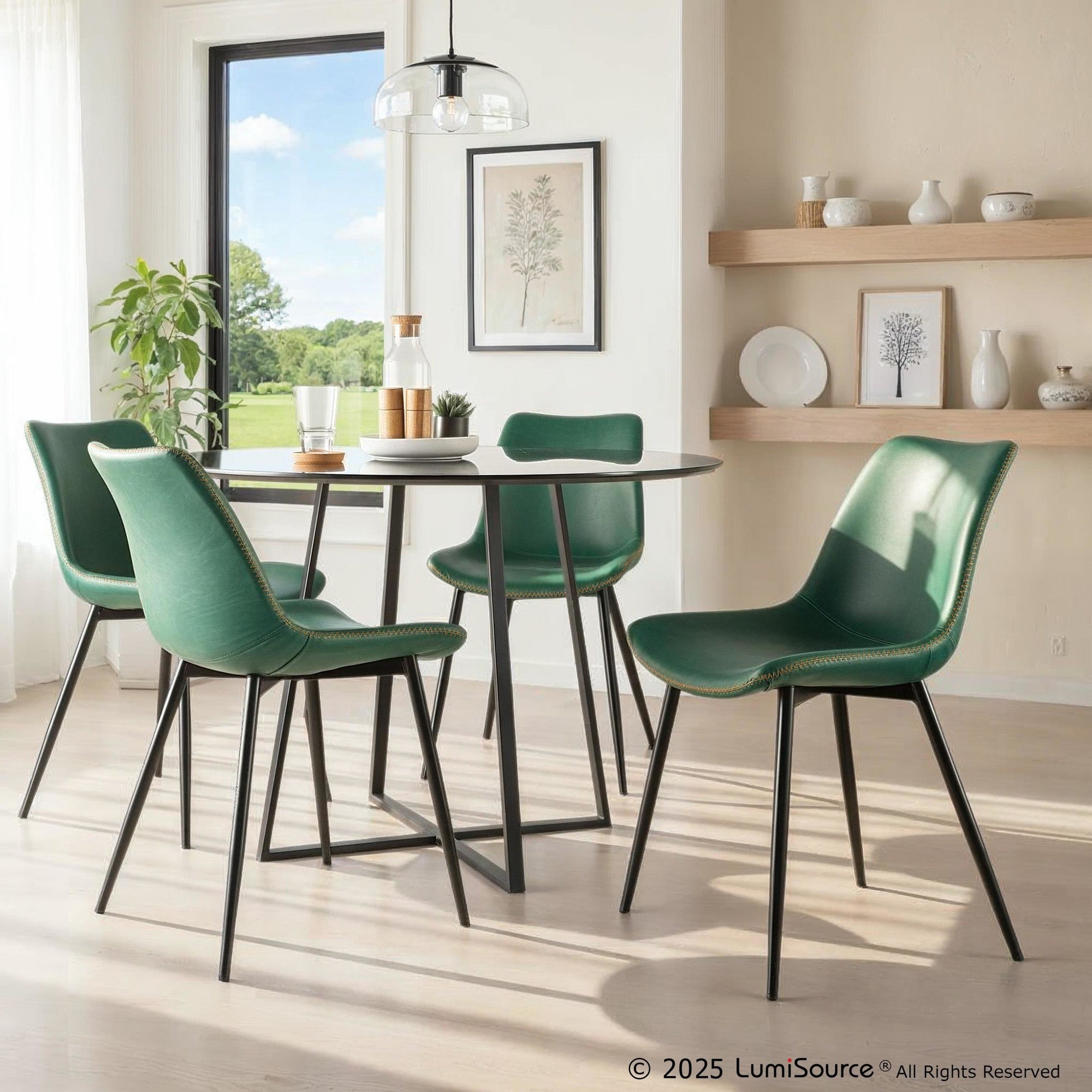 Durango Dining Chair - Set of 2 - Black Metal, Green PU, Orange Zig Zag Stitching