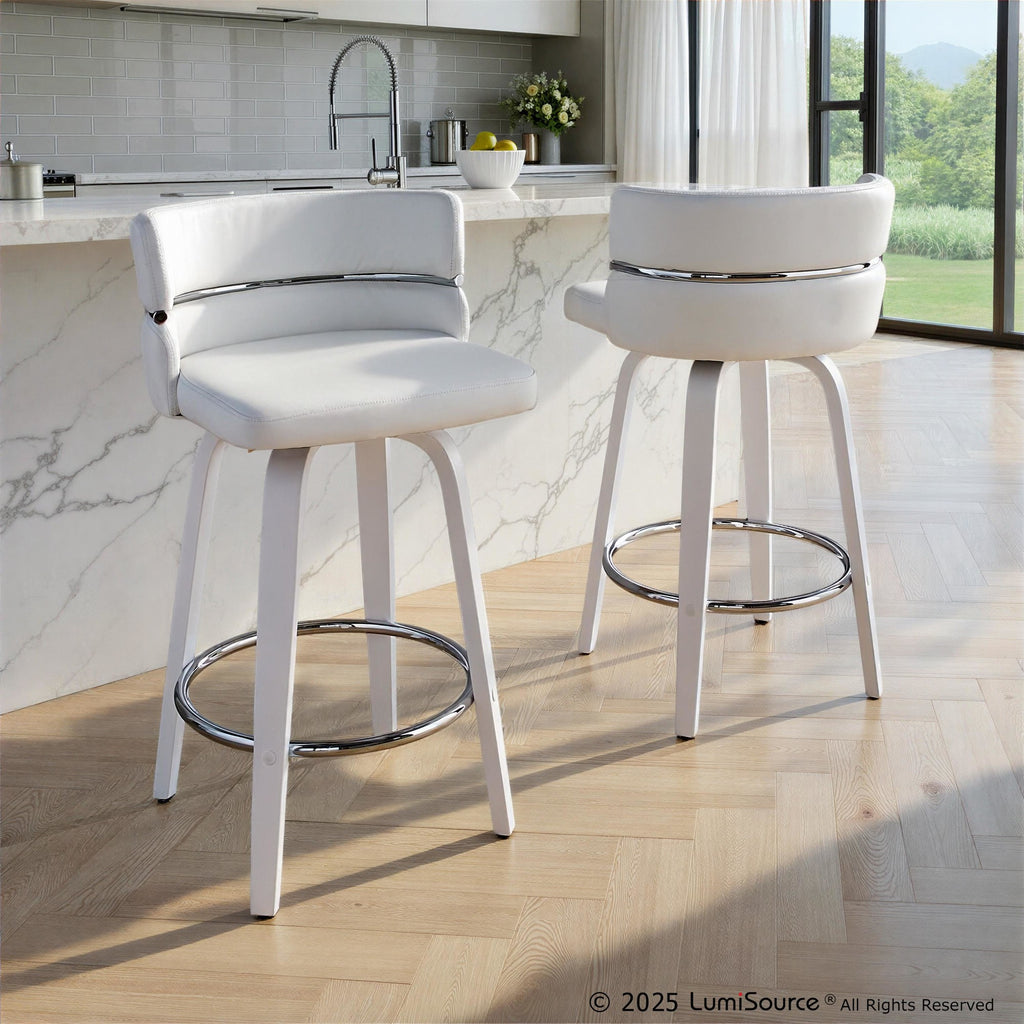 Cinch 26" Fixed-Height Counter Stool - Set of 2 - White Wood, White PU, Chrome Metal