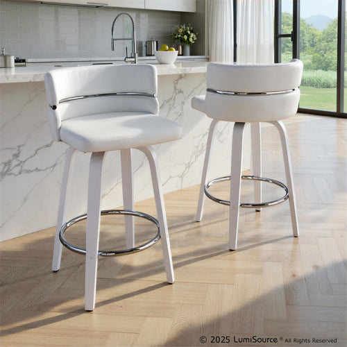 Cinch 26" Fixed-Height Counter Stool - Set of 2 - White Wood, White PU, Chrome Metal