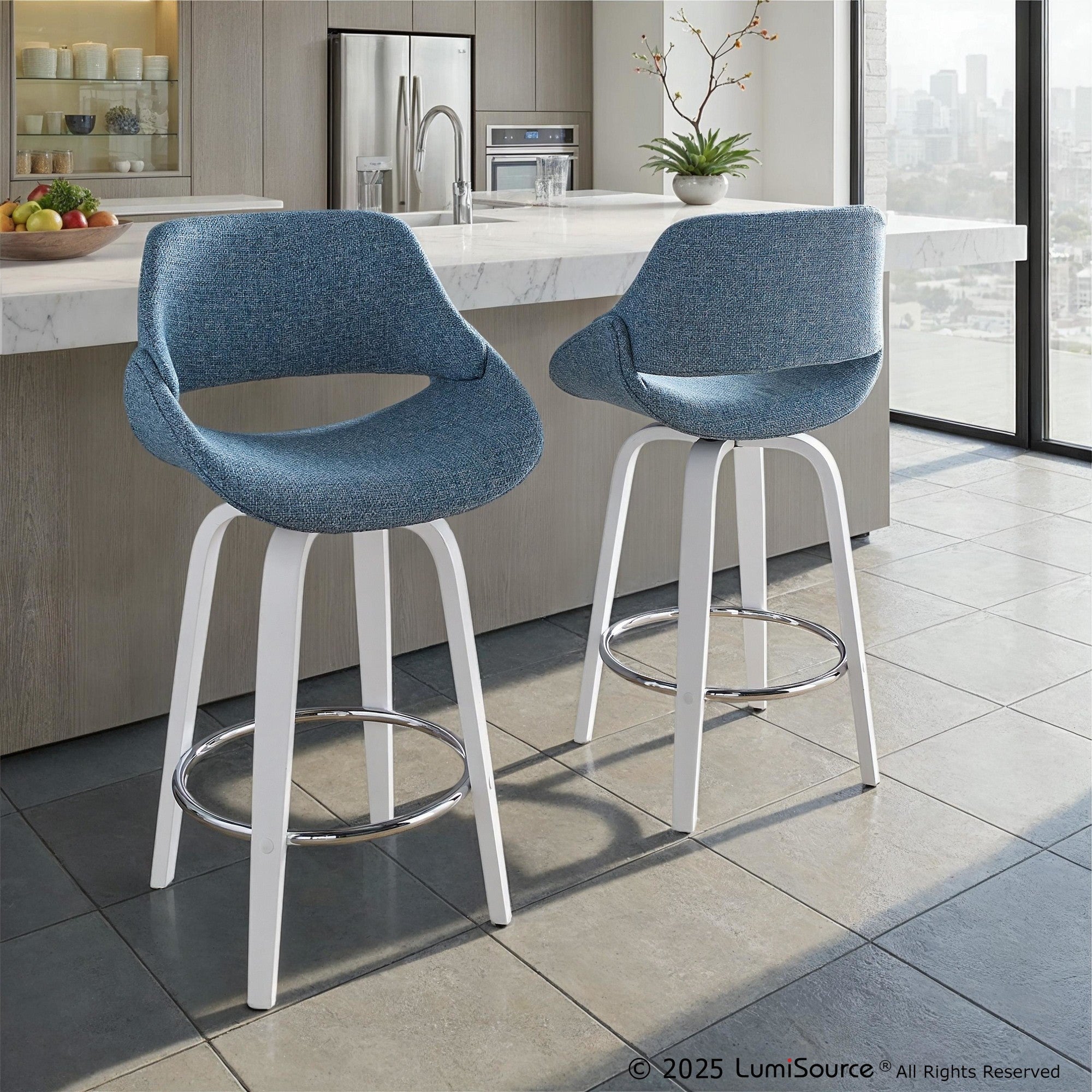 Fabrico 26" Fixed-Height Counter Stool - Set of 2 - White Wood, Blue Noise Fabric, Chrome Metal