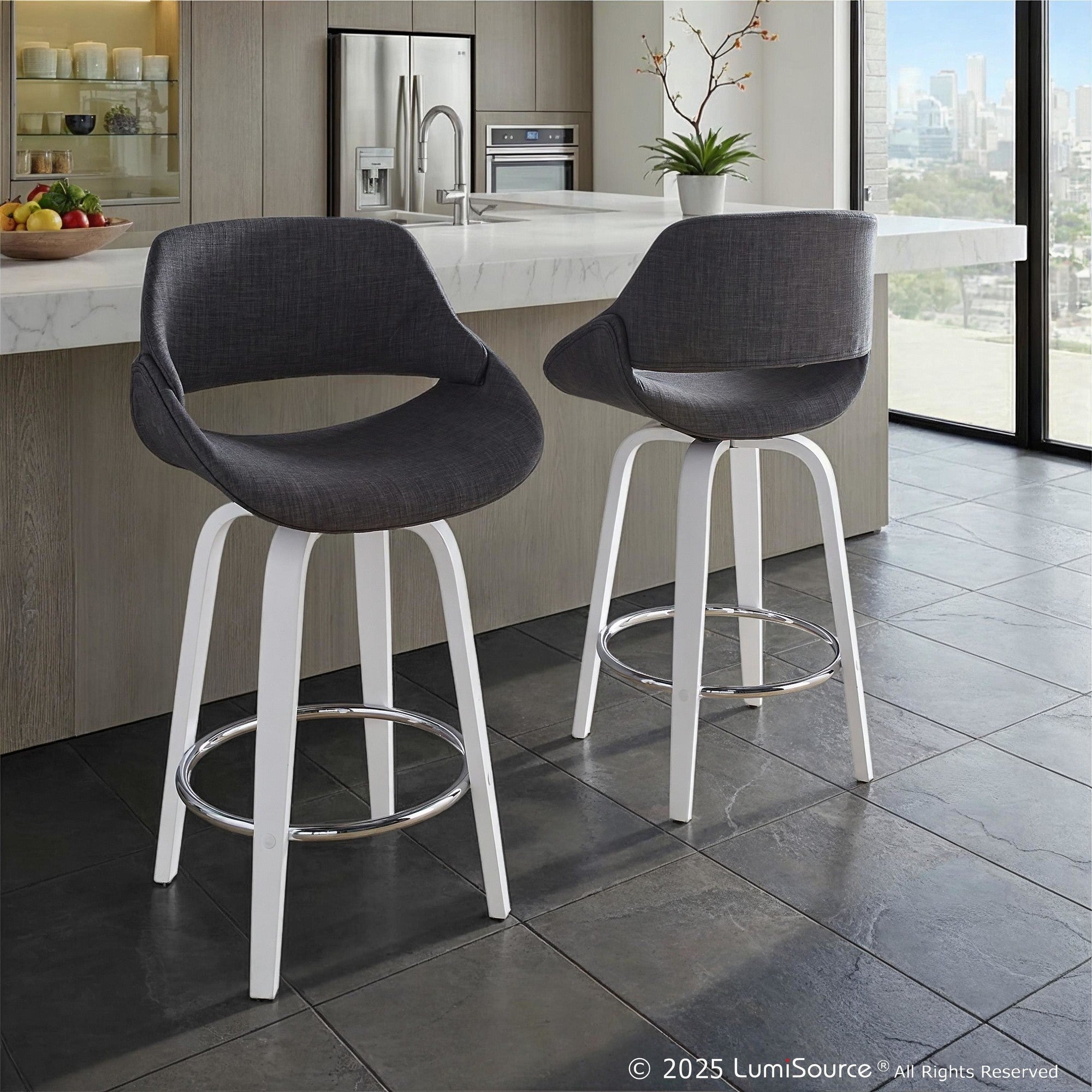 Fabrico 26" Fixed-Height Counter Stool - Set of 2 - White Wood, Charcoal Fabric, Chrome Metal