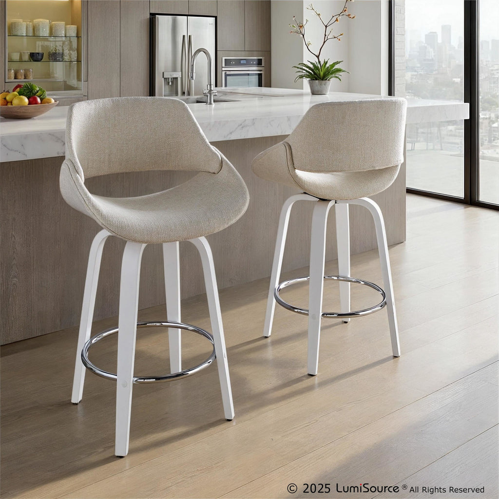 Fabrico 26" Fixed-Height Counter Stool - Set of 2 - White Wood, Cream Fabric, Chrome Metal