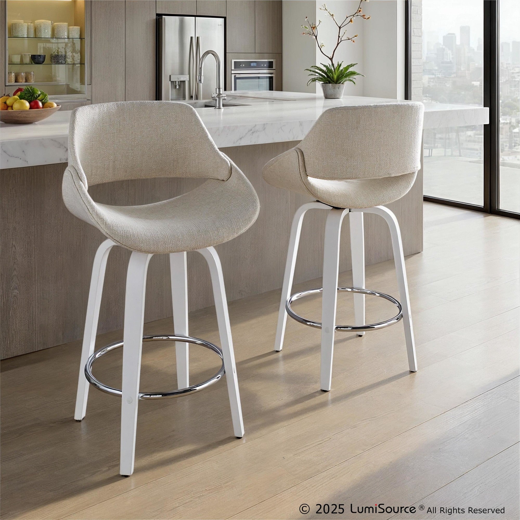 Fabrico 26" Fixed-Height Counter Stool - Set of 2 - White Wood, Cream Fabric, Chrome Metal