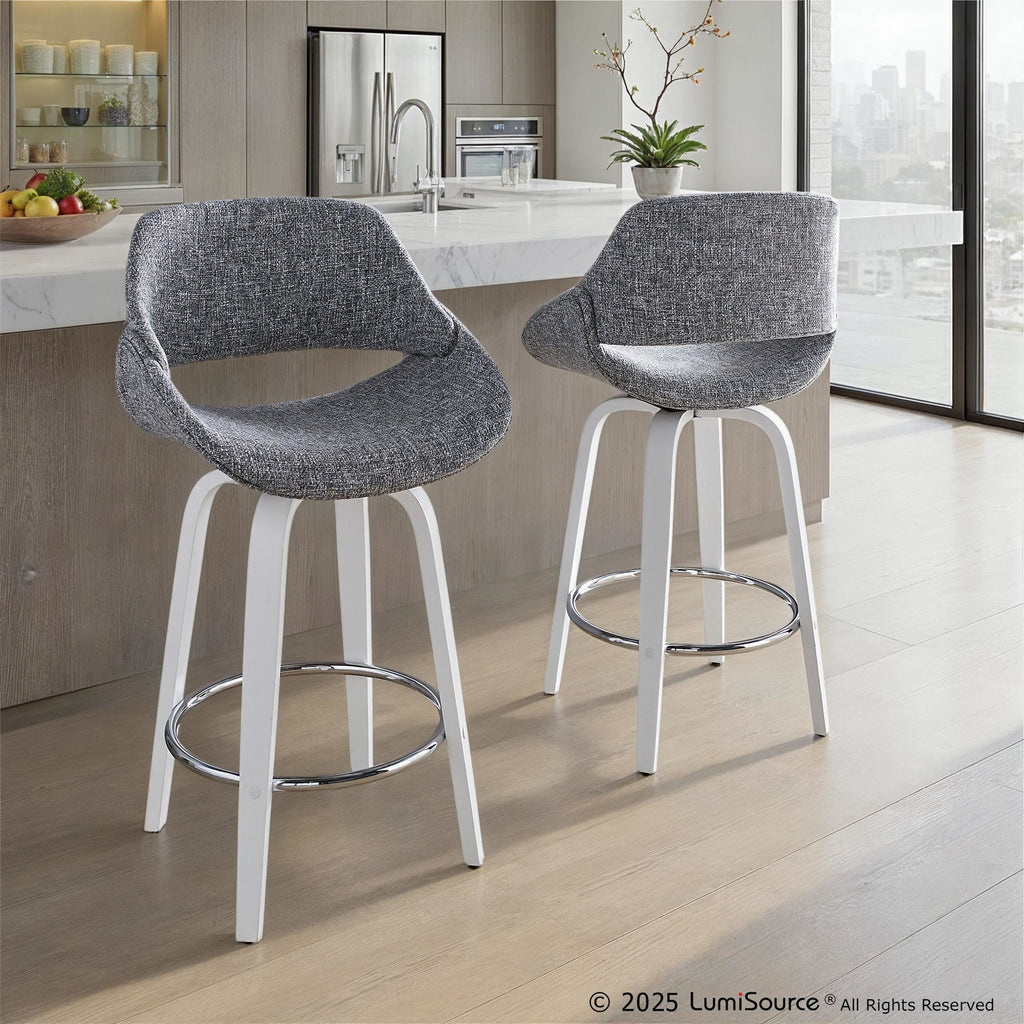 Fabrico 26" Fixed-Height Counter Stool - Set of 2 - White Wood, Grey Fabric, Chrome Metal