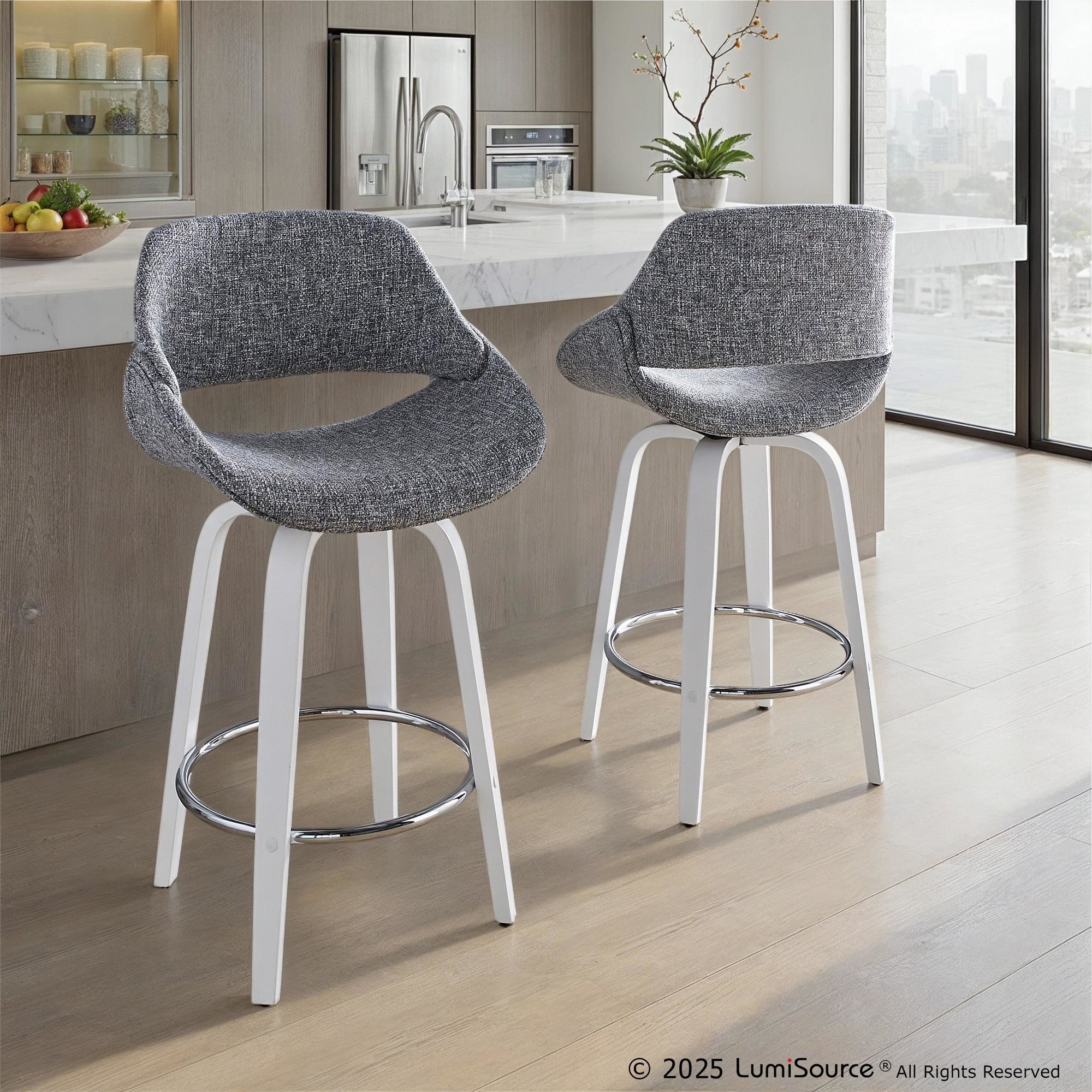 Fabrico 26" Fixed-Height Counter Stool - Set of 2 - White Wood, Grey Fabric, Chrome Metal