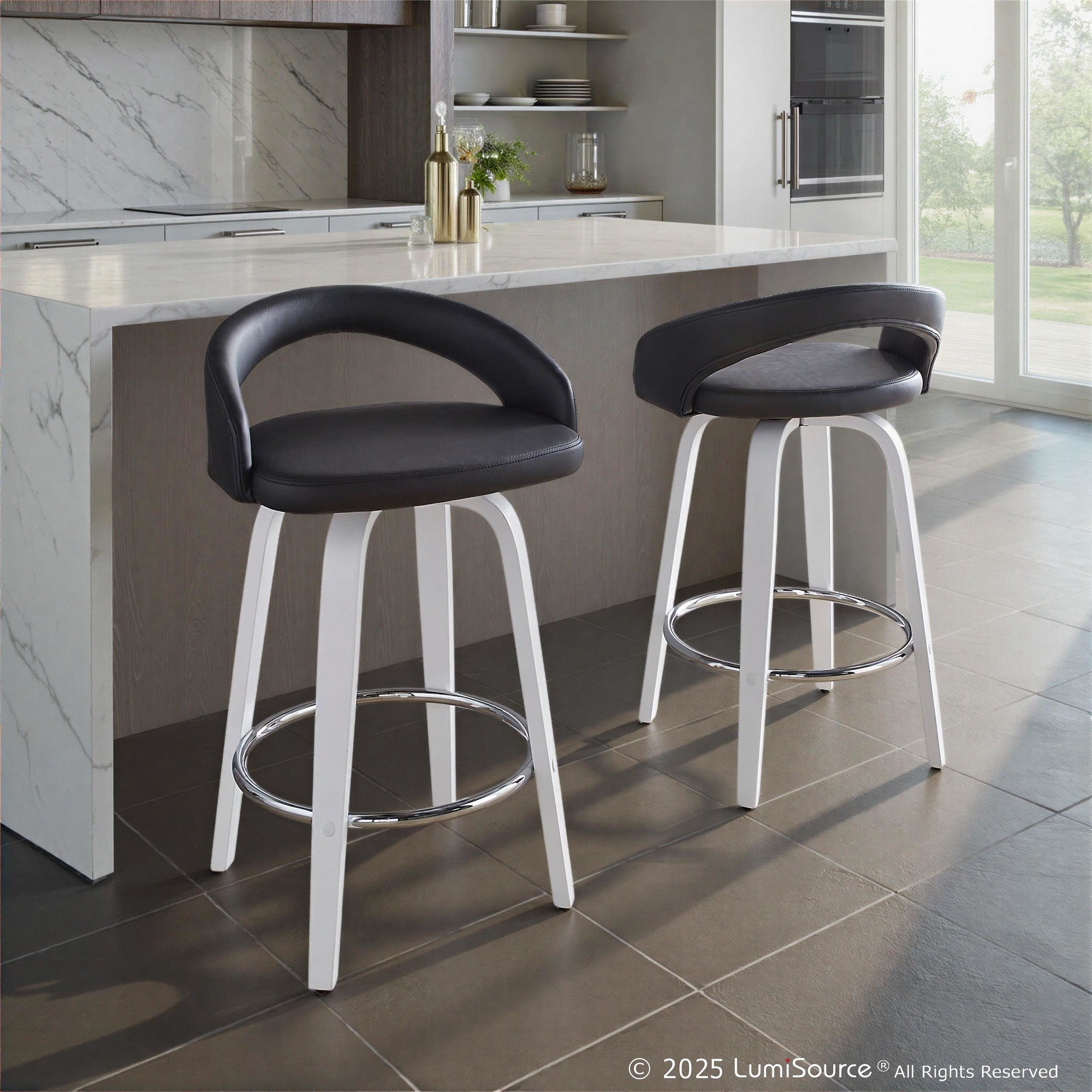 Grotto Upholstered 26" Fixed-Height Counter Stool - Set of 2 - White Wood, Black PU, Chrome Metal