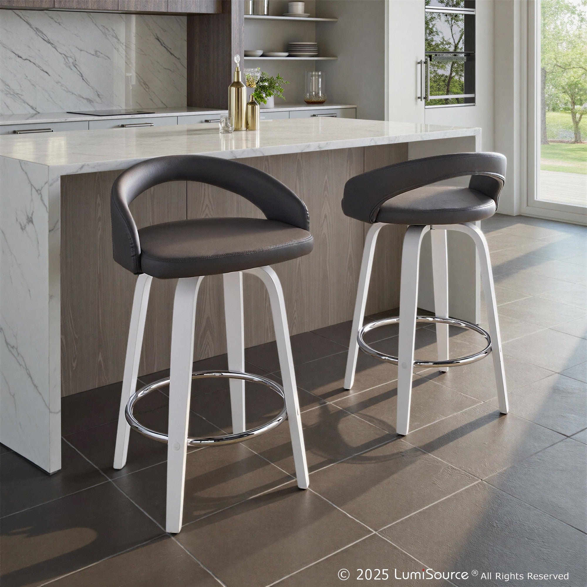 Grotto Upholstered 26" Fixed-Height Counter Stool - Set of 2 - White Wood, Grey PU, Chrome Metal