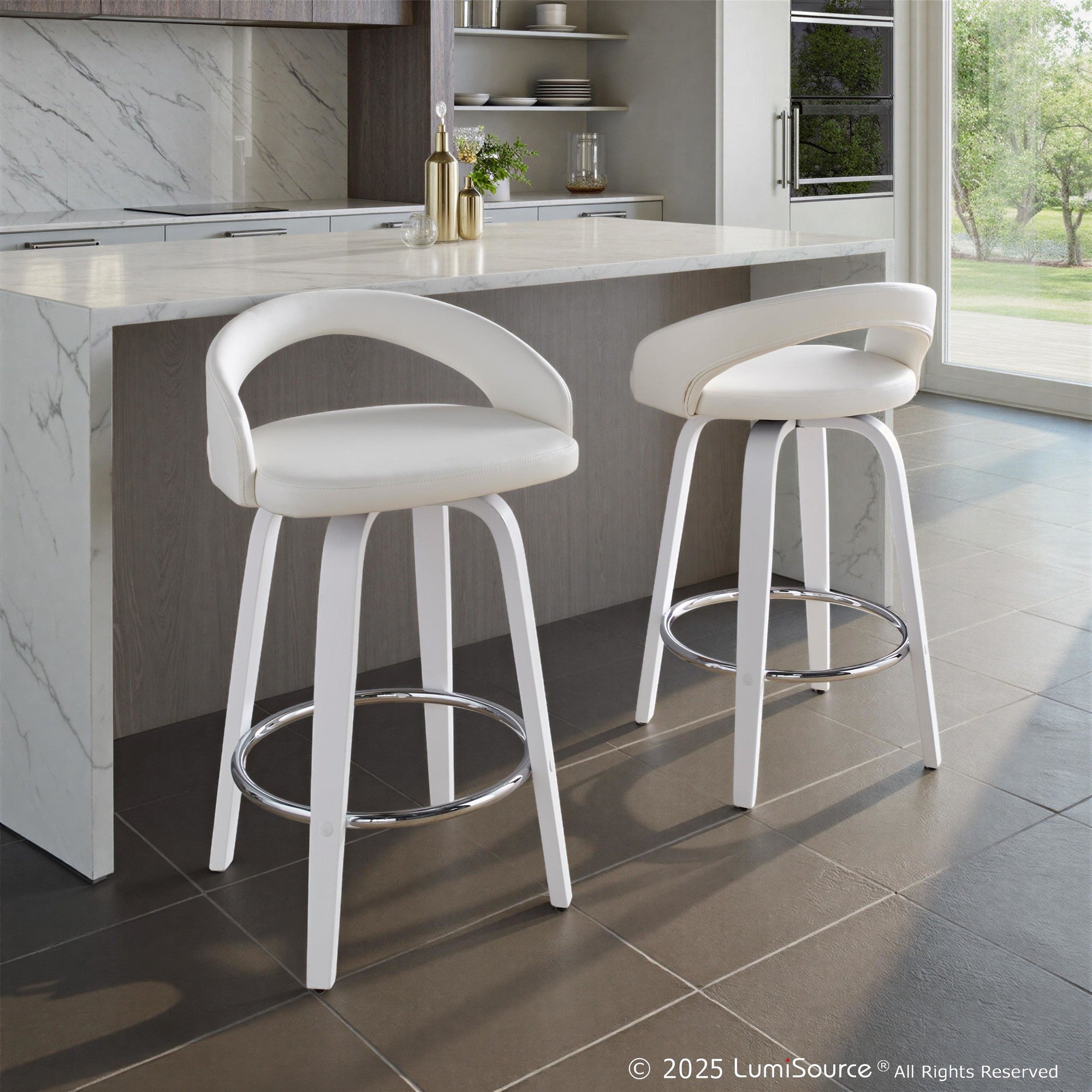 Grotto Upholstered 26" Fixed-Height Counter Stool - Set of 2 - White Wood, White PU, Chrome Metal