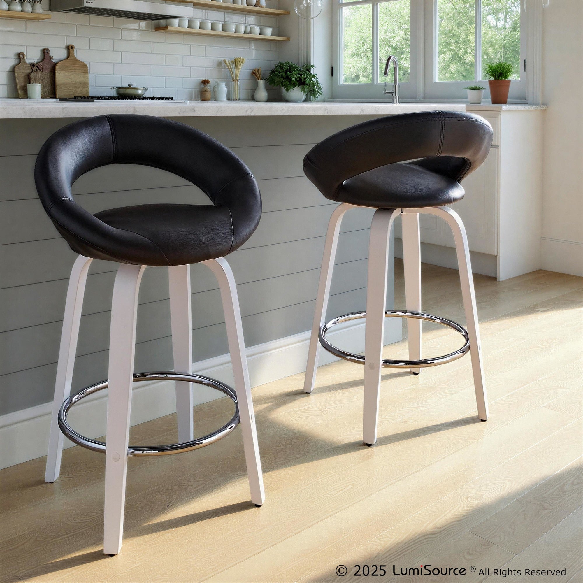 Posh 26" Fixed-Height Counter Stool - Set of 2 - White Wood, Black PU, Chrome Metal