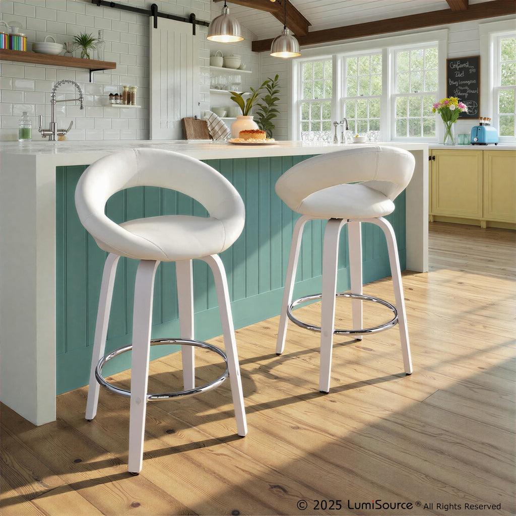 Posh 26" Fixed-Height Counter Stool - Set of 2 - White Wood, White PU, Chrome Metal