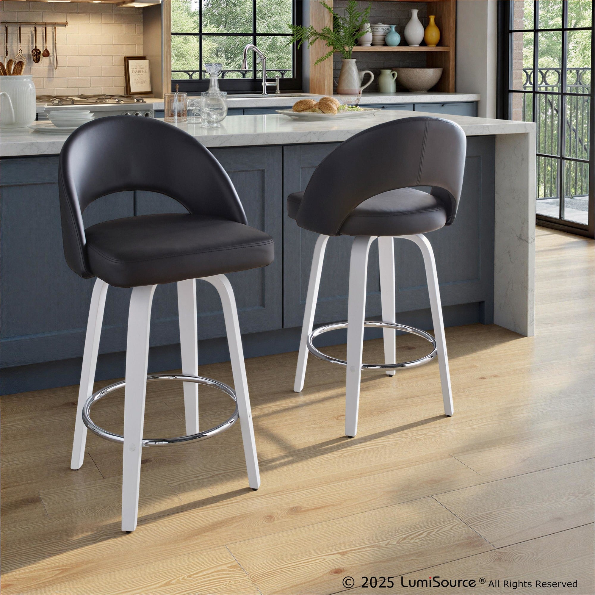 Renee 26" Fixed-Height Counter Stool - Set of 2 - White Wood, Black PU, Chrome Metal