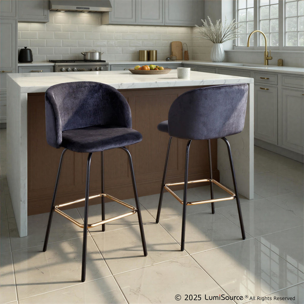 Fran 26" Swivel Fixed-Height Counter Stool - Set of 2 - Black Metal, Black Velvet, Gold Metal