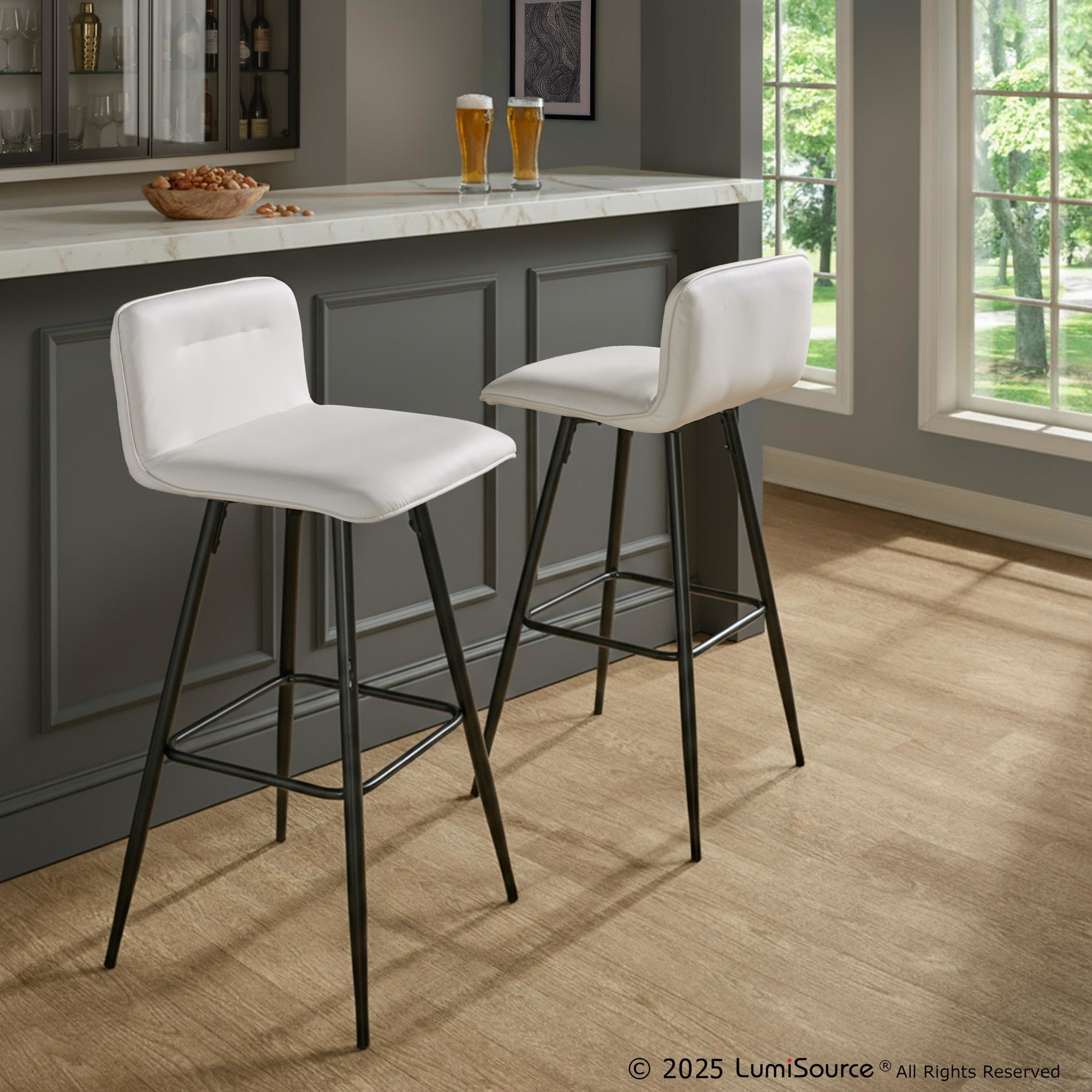 Casper 30" Fixed-Height Barstool - Set of 2 - Black Metal, White PU