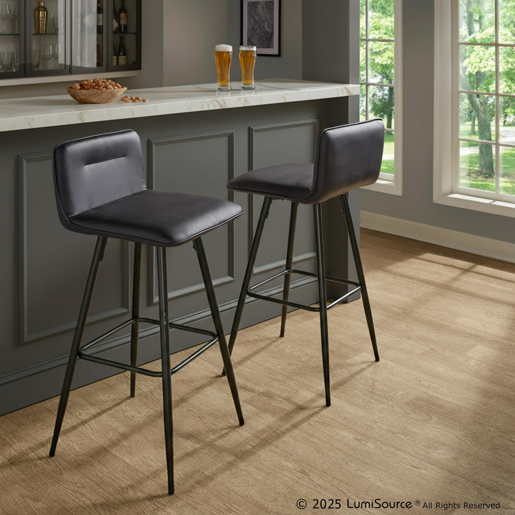Casper 30" Fixed-Height Barstool - Set of 2 - Black Metal, Black PU