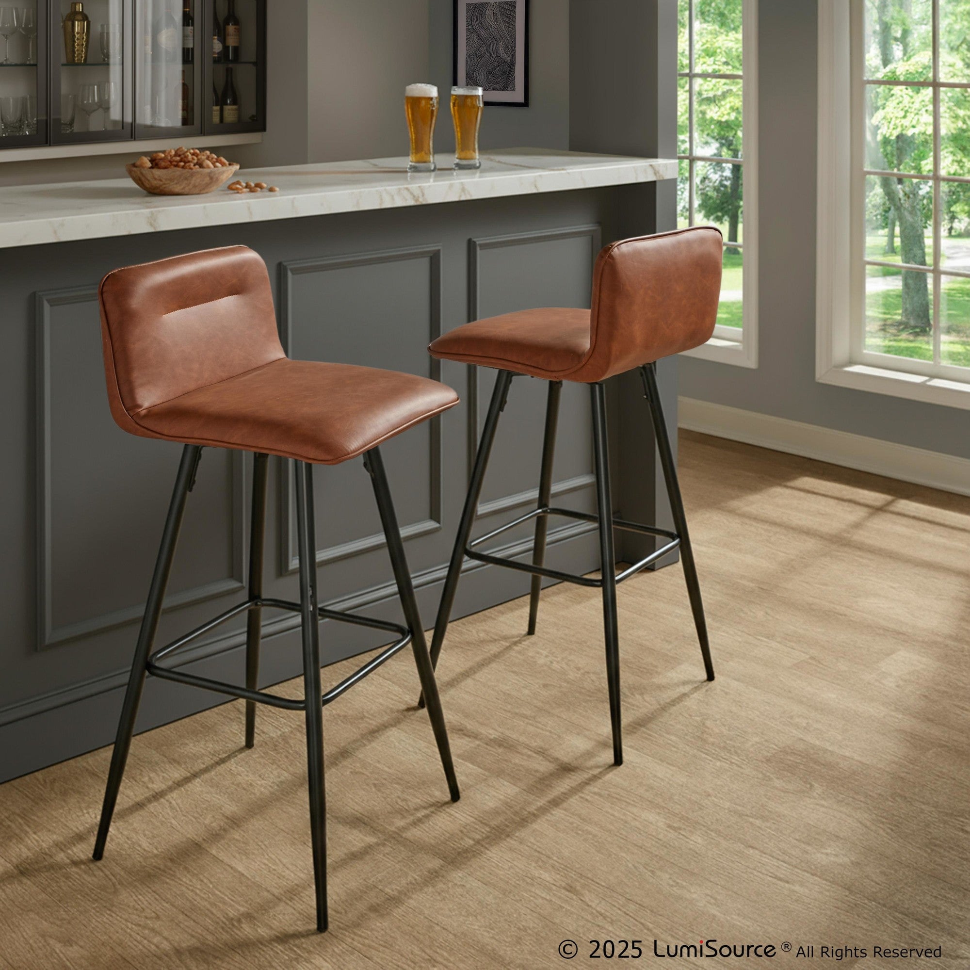 Casper 30" Fixed-Height Barstool - Set of 2 - Black Metal, Camel PU