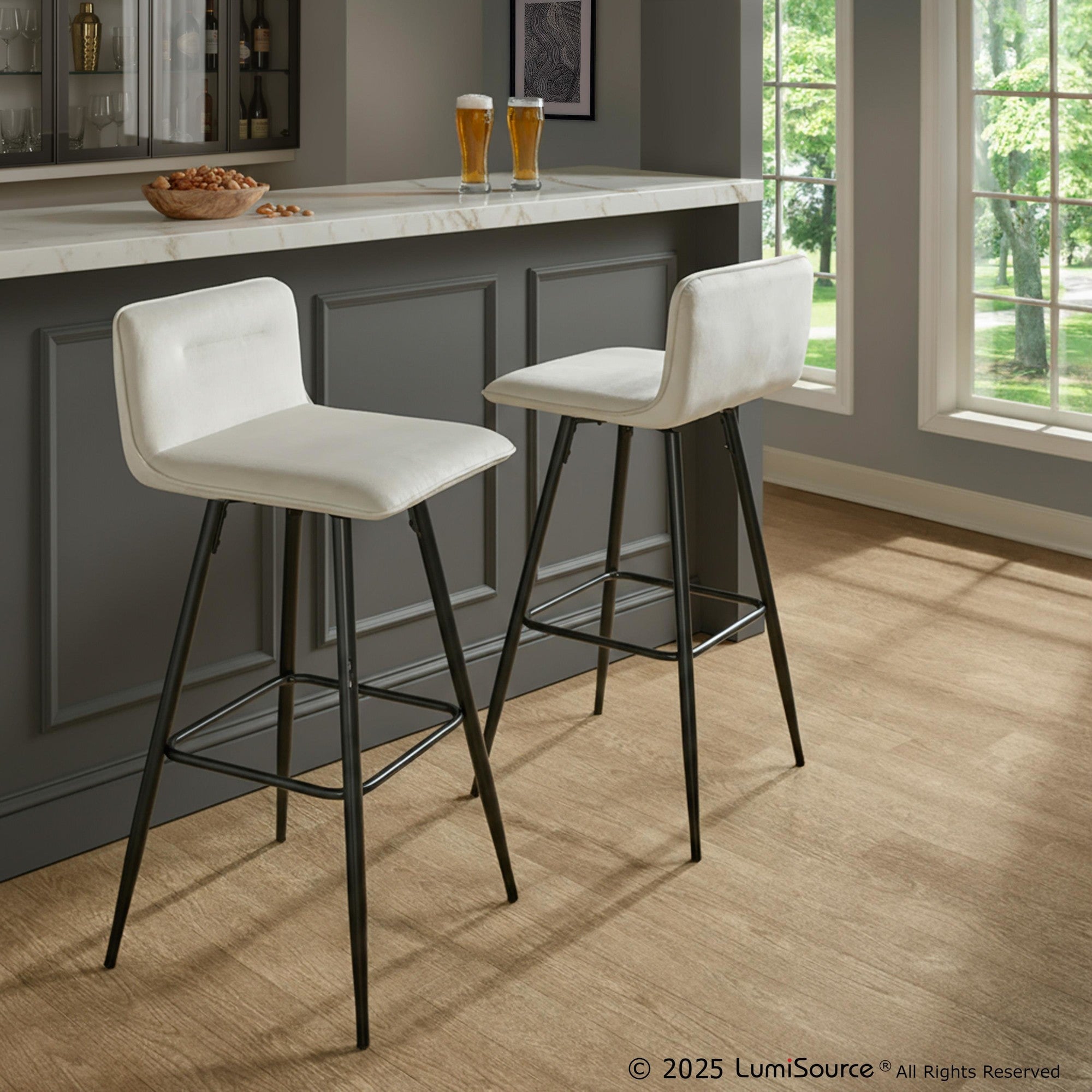 Casper 30" Fixed-Height Barstool - Set of 2 - Black Metal, Cream Velvet