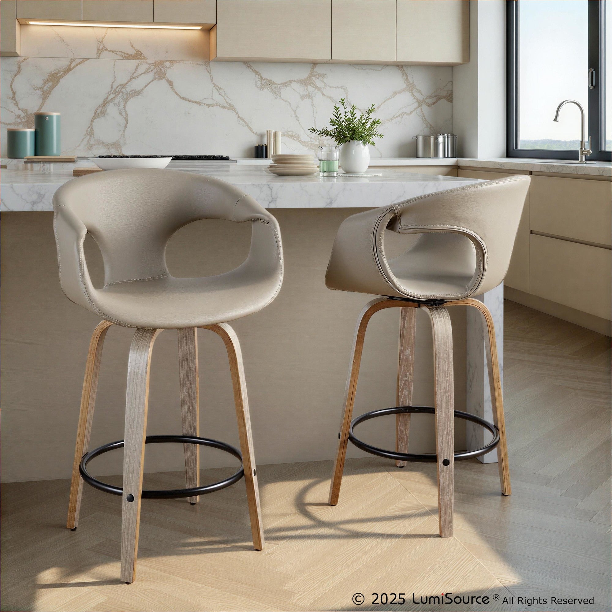 Curva 26" Fixed-Height Counter Stool - Set of 2 - Light Grey Wood, Light Grey PU, Black Metal