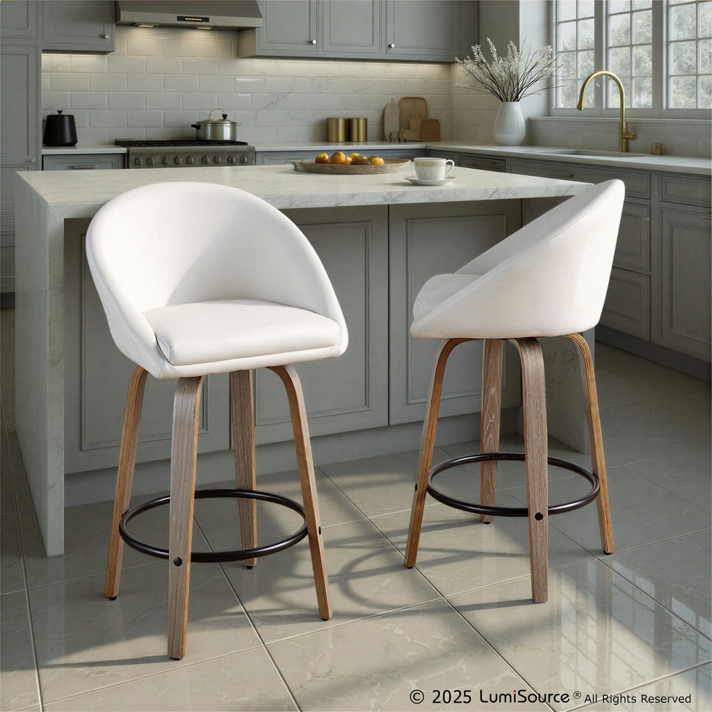 Matisse High Back 26" Fixed-Height Counter Stool - Set of 2 - Light Grey Wood, White PU, Black Metal