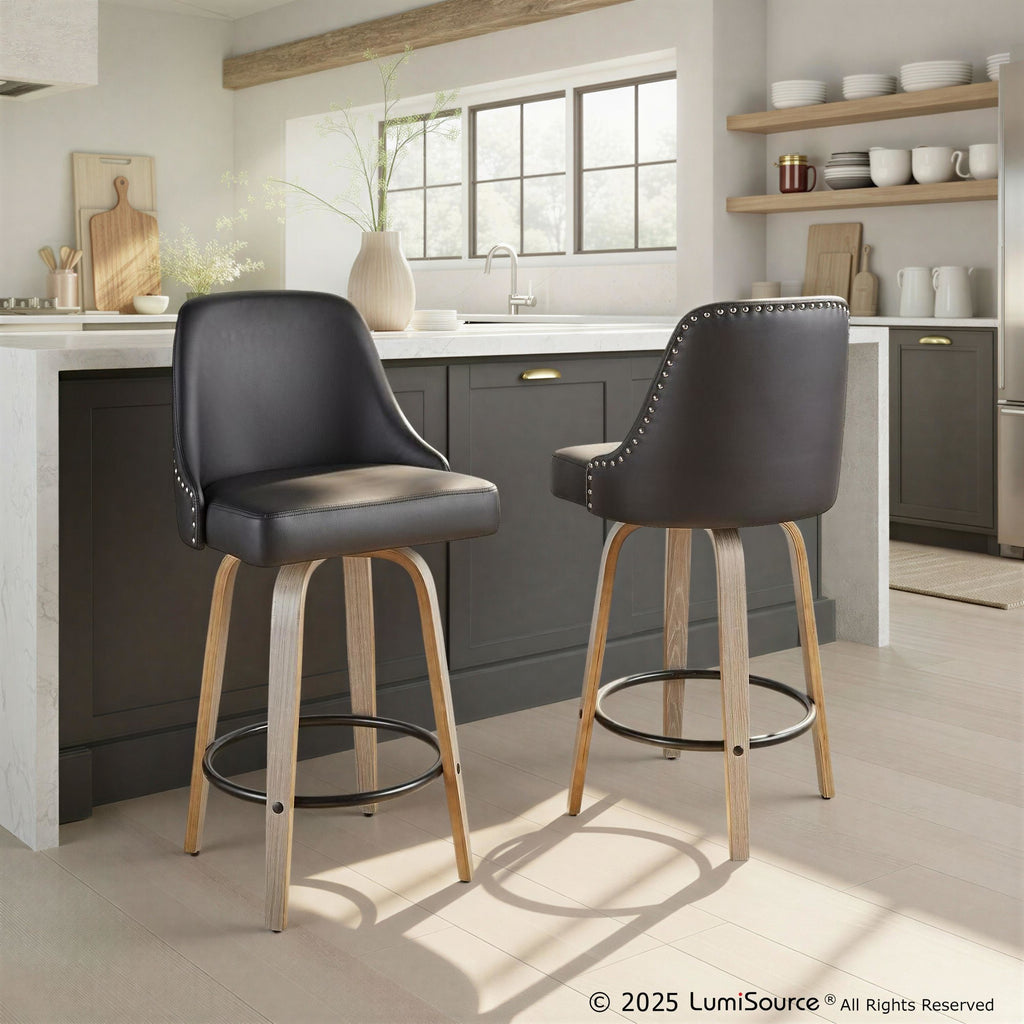 Studded Marcel 26" Fixed-Height Counter Stool - Set of 2 - Light Grey Wood, Black PU, Chrome Metal, Black Metal;