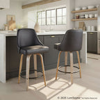 Studded Marcel 26" Fixed-Height Counter Stool - Set of 2 - Light Grey Wood, Black PU, Chrome Metal, Black Metal;