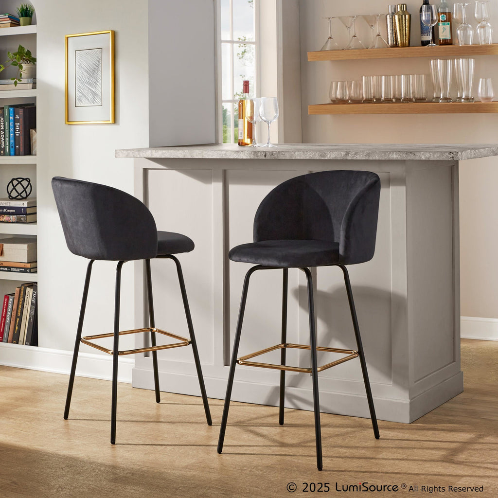 Fran 30" Swivel Fixed-Height Barstool - Set of 2 - Black Metal, Black Velvet, Gold Metal