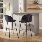 Fran 30" Swivel Fixed-Height Barstool - Set of 2 - Black Metal, Black Velvet, Gold Metal