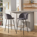 Fran 30" Swivel Fixed-Height Barstool - Set of 2 - Black Metal, Grey Velvet, Gold Metal