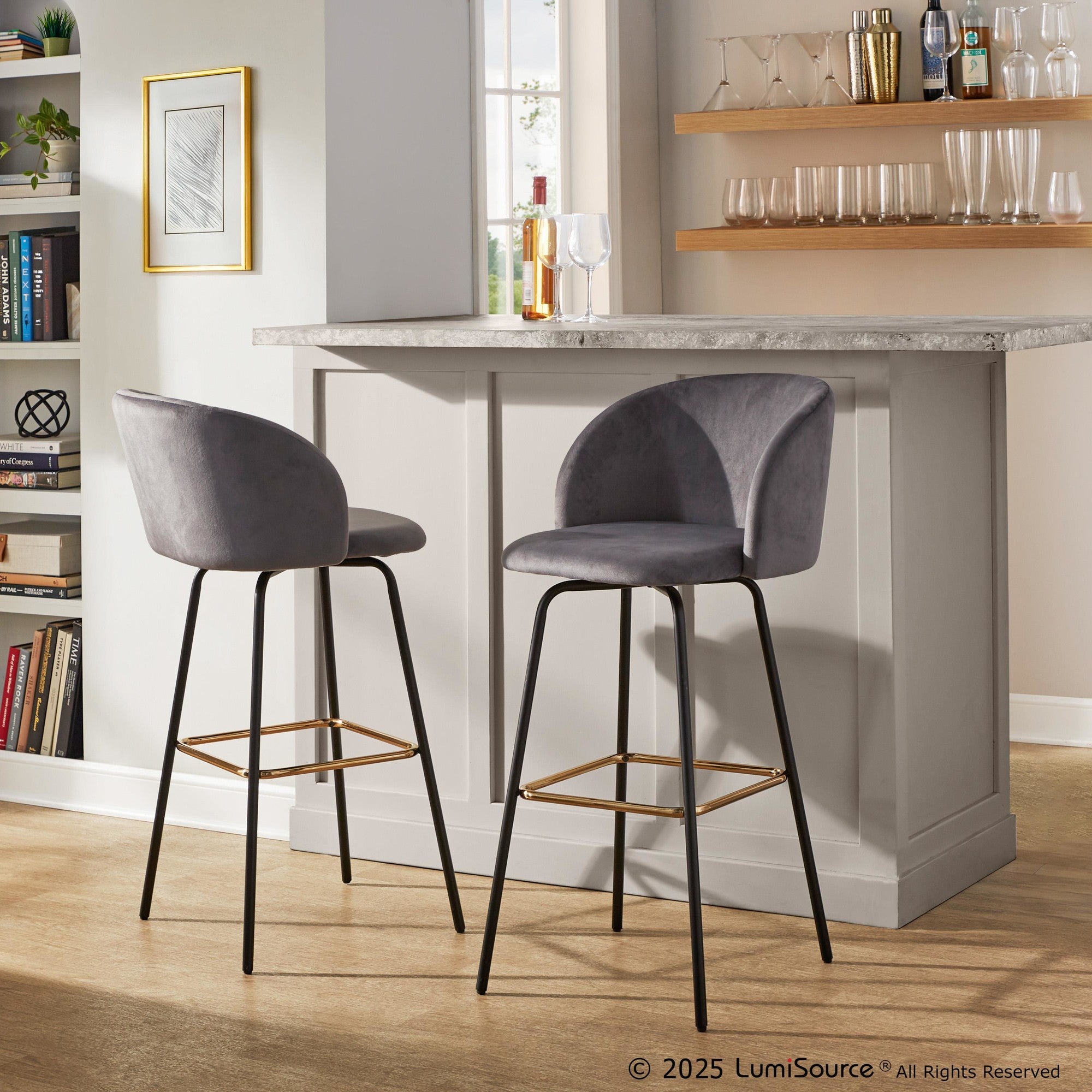 Fran 30" Swivel Fixed-Height Barstool - Set of 2 - Black Metal, Grey Velvet, Gold Metal