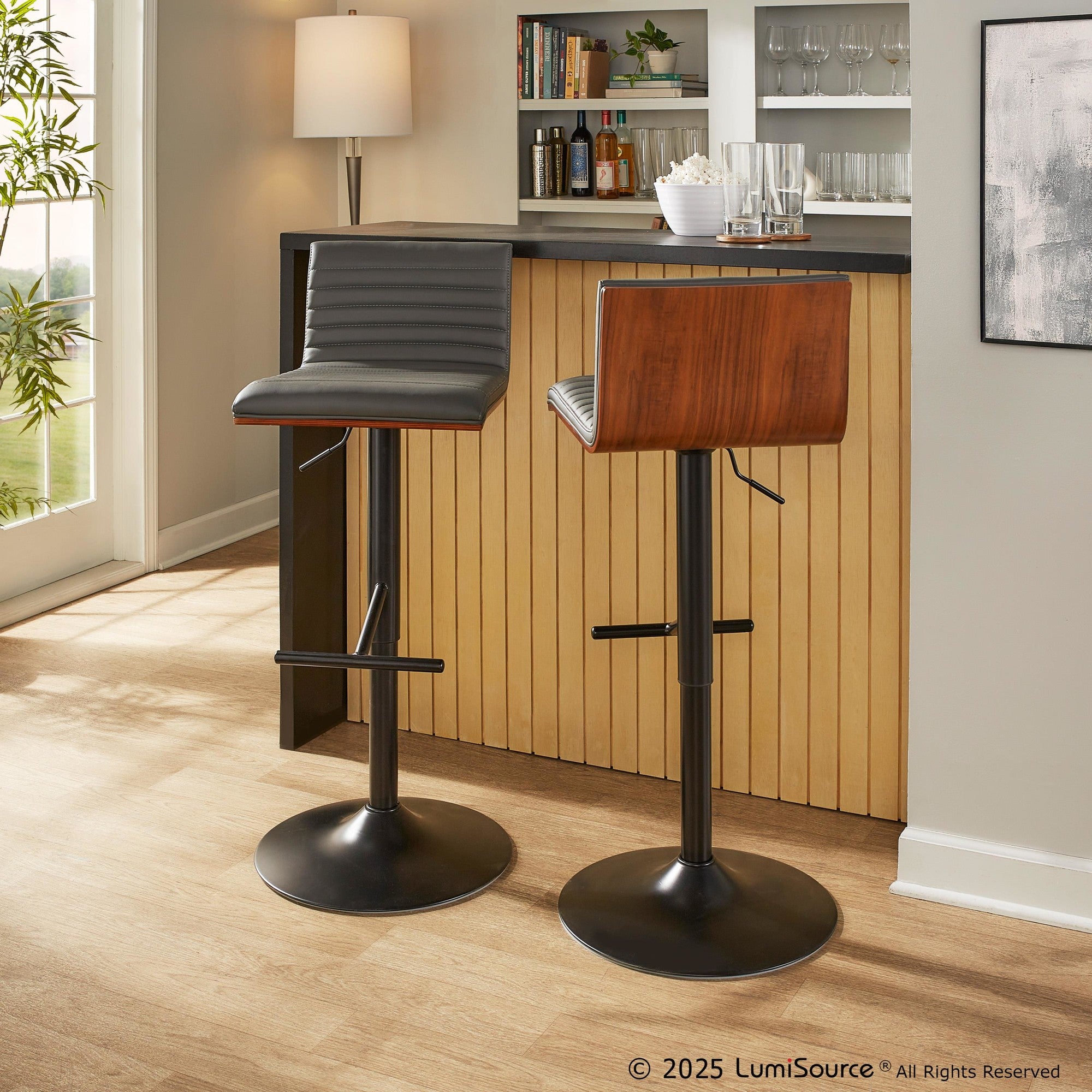 Mason Adjustable Barstool - Set of 2 - Black Metal, Walnut Wood, Grey PU